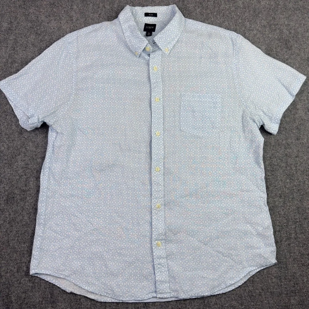 J.Crew Shirt Men XL Blue Linen Blend Geometric Short Sleeve Beach Coastal Preppy